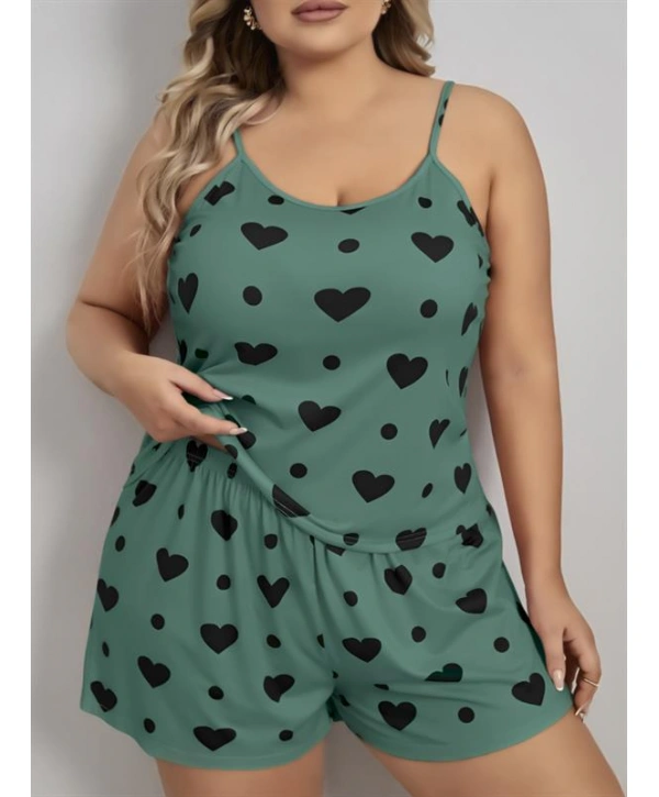 Morliva  Büyük Beden Yeşil Kalp Desen Pamuklu Şortlu Pijama Takımı