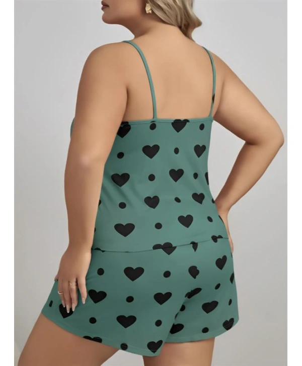 Morliva  Büyük Beden Yeşil Kalp Desen Pamuklu Şortlu Pijama Takımı