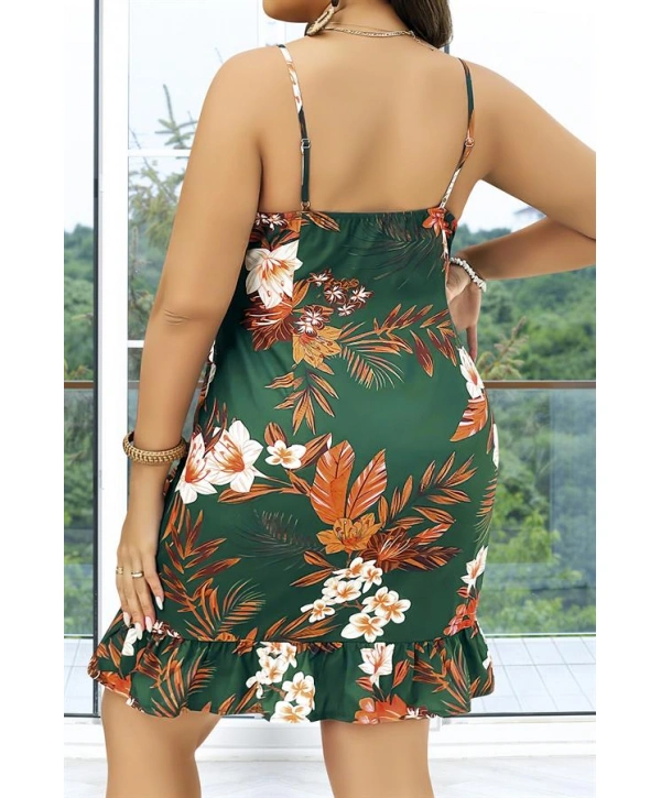 Morliva Büyük Beden Yeşil Üstüne Çiçek Desenli İnce Askılı Fırfırlı Gecelik