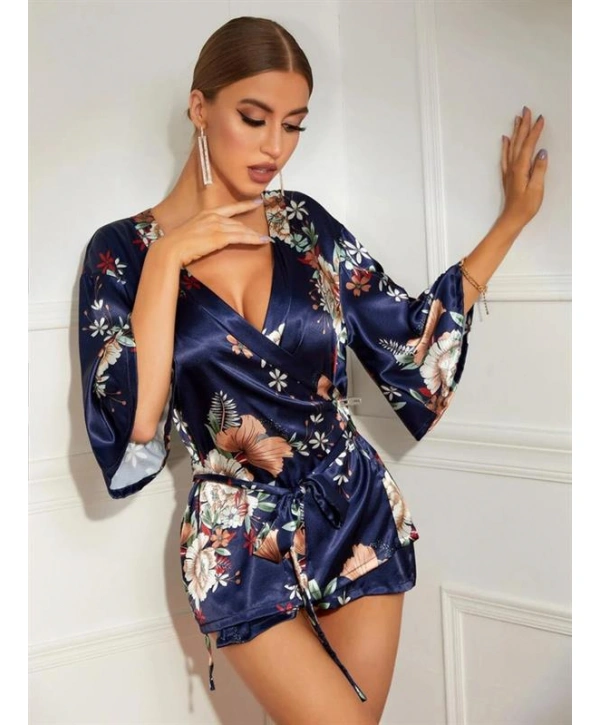 Morliva Çiçek Desenli Mavi Mini Saten Gecelik Sabahlık