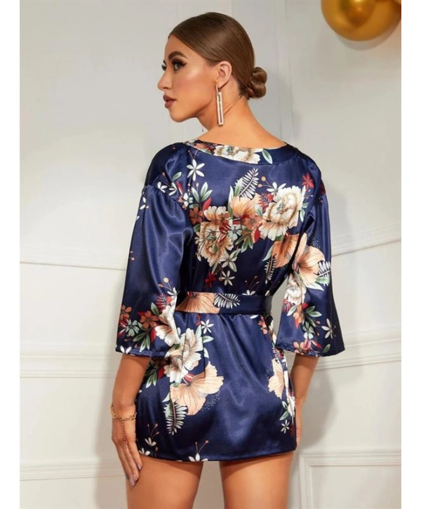 Morliva Çiçek Desenli Mavi Mini Saten Gecelik Sabahlık