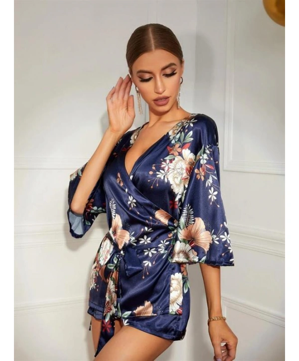Morliva Çiçek Desenli Mavi Mini Saten Gecelik Sabahlık