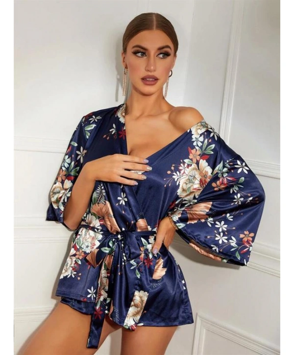 Morliva Çiçek Desenli Mavi Mini Saten Gecelik Sabahlık