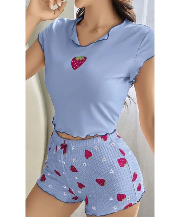 Morliva Çilek Desenli Mavi Seksi Pijama Takım