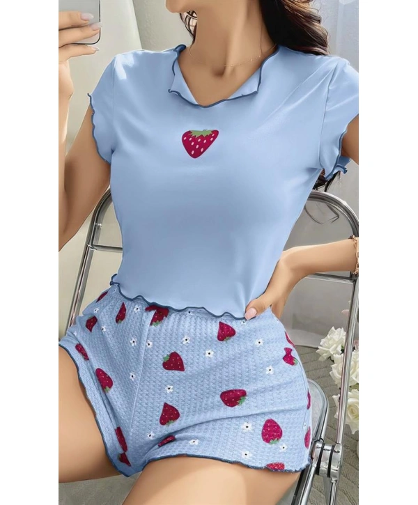 Morliva Çilek Desenli Mavi Seksi Pijama Takım