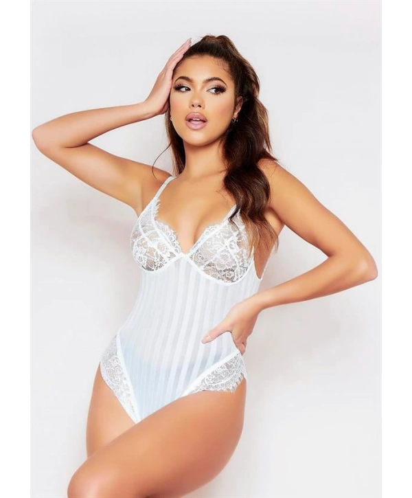 Morliva Çizgili Beyaz Dantel Body