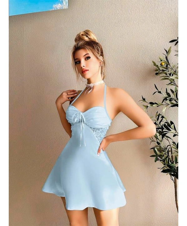 Morliva Dantel İşlemeli Boyundan Bağlamalı Mavi Saten Gecelik