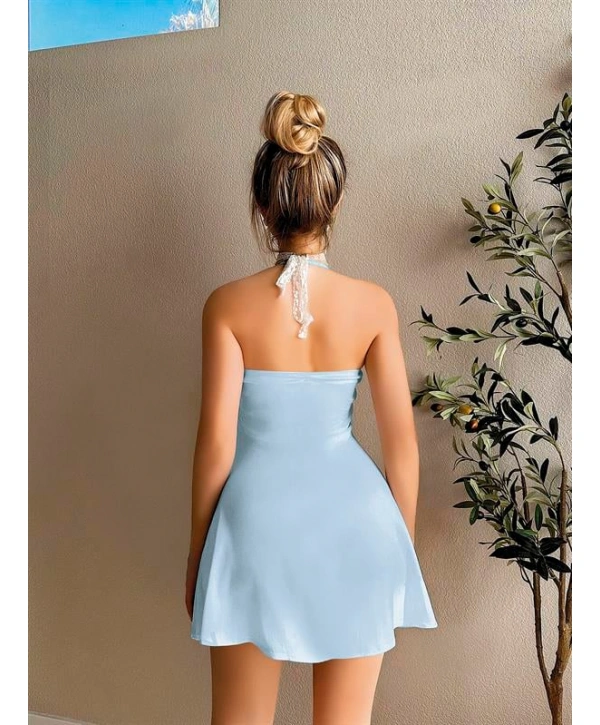 Morliva Dantel İşlemeli Boyundan Bağlamalı Mavi Saten Gecelik