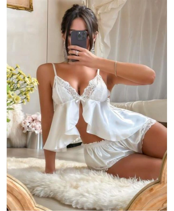 Morliva Dantel İşlemeli İnce Askılı Beyaz Saten Şortlu Takım