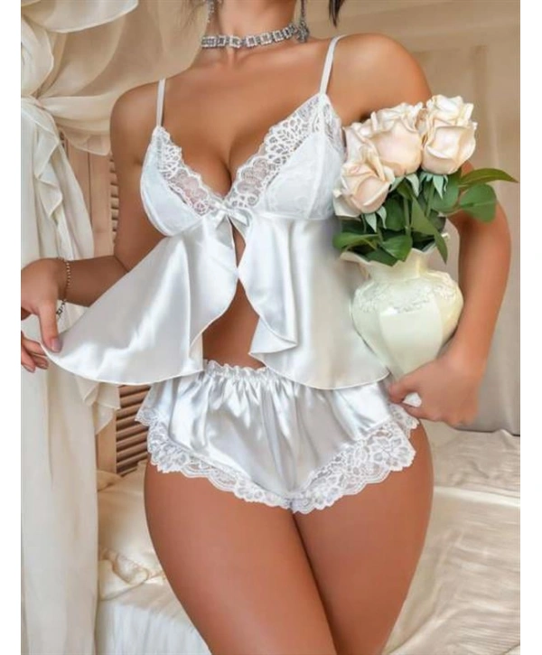 Morliva Dantel İşlemeli İnce Askılı Beyaz Saten Şortlu Takım