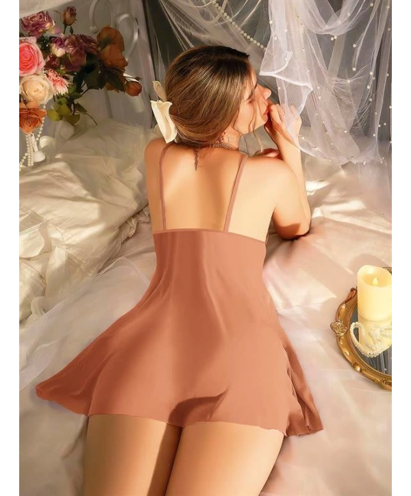 Morliva  Dantel İşlemeli Tül Transparan Kahverengi Fantezi Gecelik