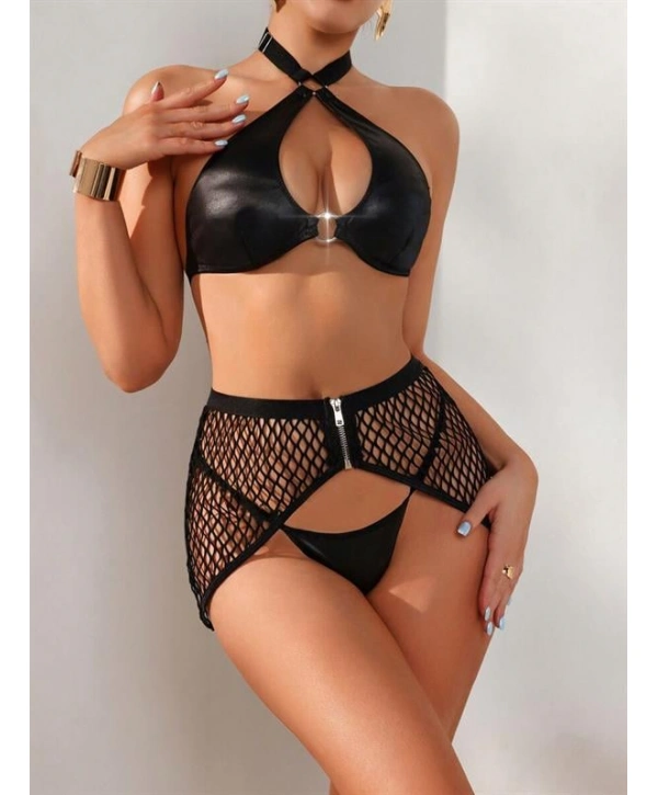 Morliva Deri Siyah Fileli Fantezi Sütyen Takımı
