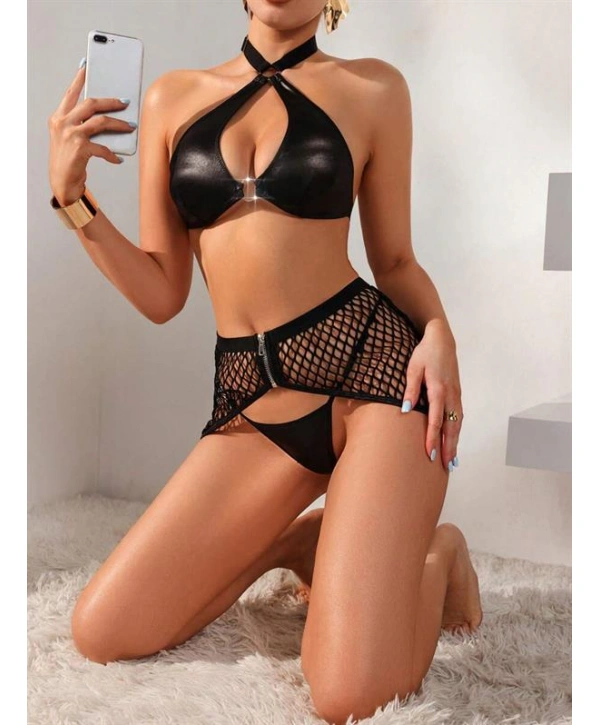 Morliva Deri Siyah Fileli Fantezi Sütyen Takımı