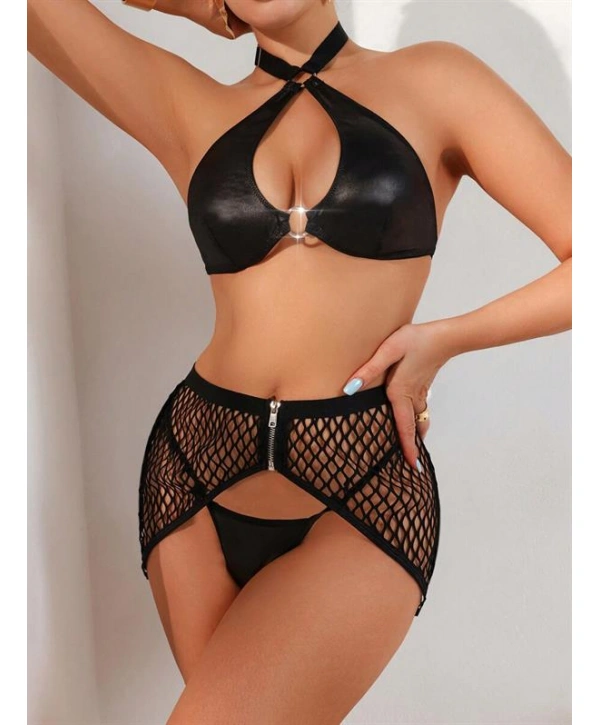 Morliva Deri Siyah Fileli Fantezi Sütyen Takımı