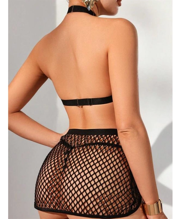 Morliva Deri Siyah Fileli Fantezi Sütyen Takımı