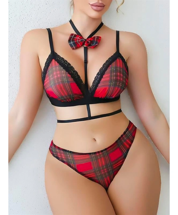 Morliva Ekoseli Dantel İşlemeli Papyon Detaylı Fantezi Sütyen Strıng Takımı