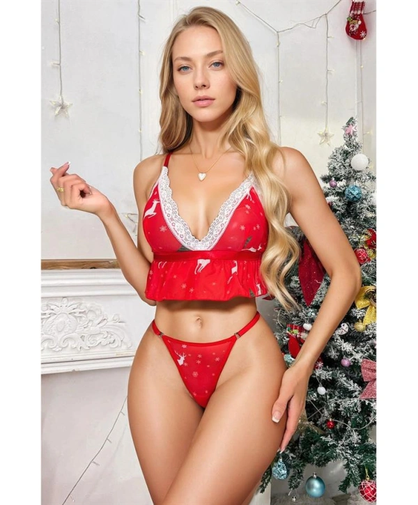 Fantezi Kırmızı Özel Yılbaşı Desenli Sütyen Tanga