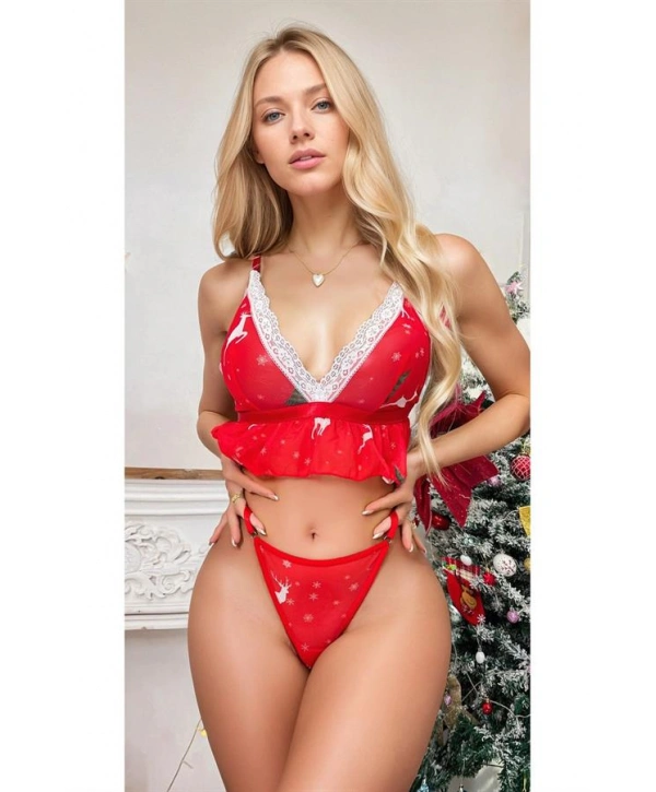 Fantezi Kırmızı Özel Yılbaşı Desenli Sütyen Tanga