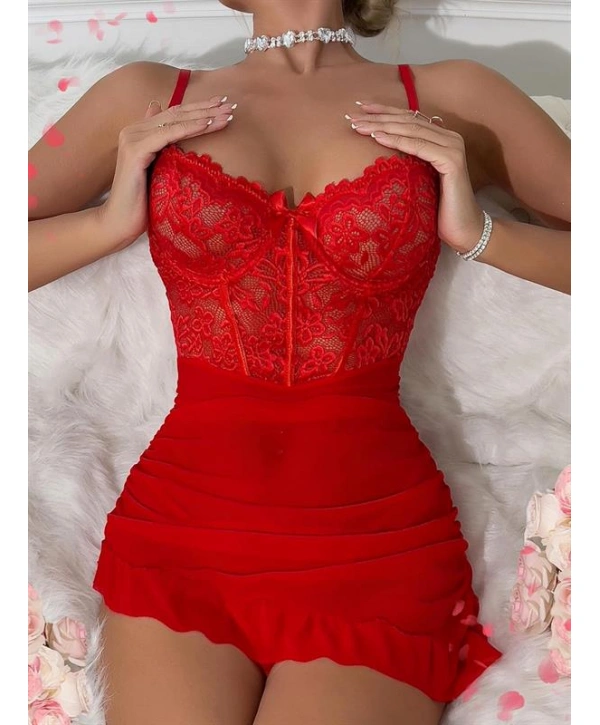 Arias Closet Fırfırlı Dantel İşlemeli Tül Fantezi Kırmızı Gecelik