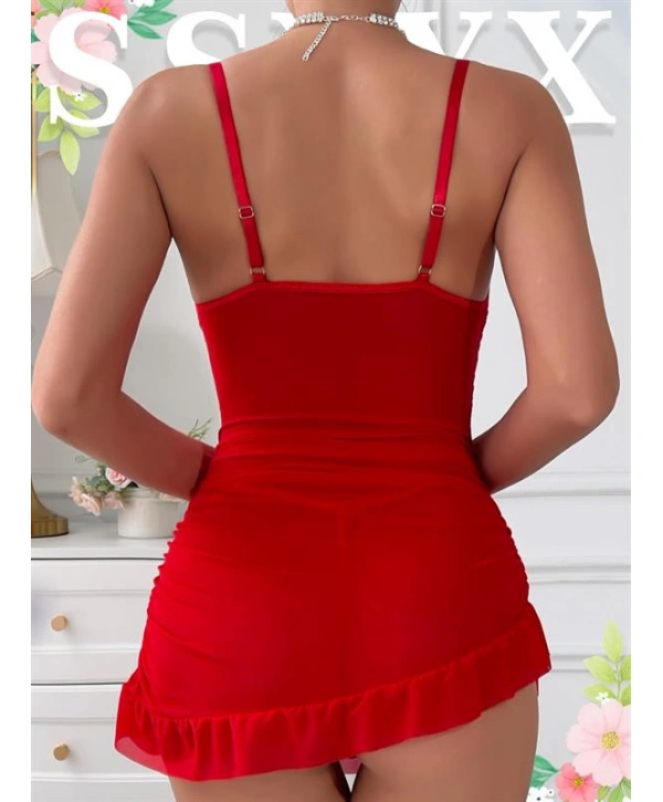 Arias Closet Fırfırlı Dantel İşlemeli Tül Fantezi Kırmızı Gecelik