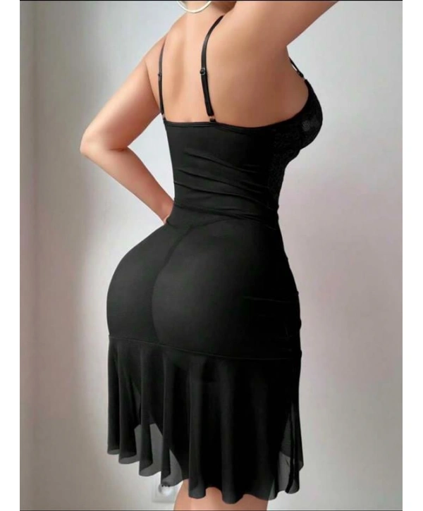 Fırfırlı Dantel İşlemeli Tül Fantezi Siyah Gecelik