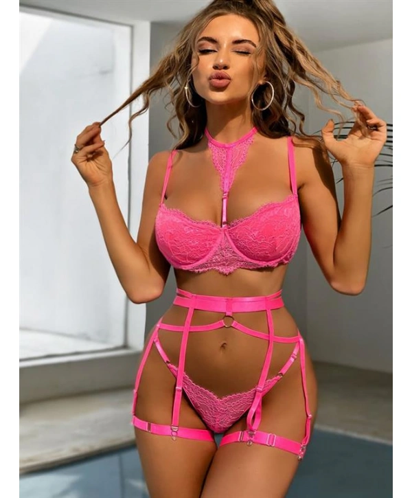 Morliva  Fuşya Dantel İşlemeli Fantezi Dolgulu Sütyen Takımı