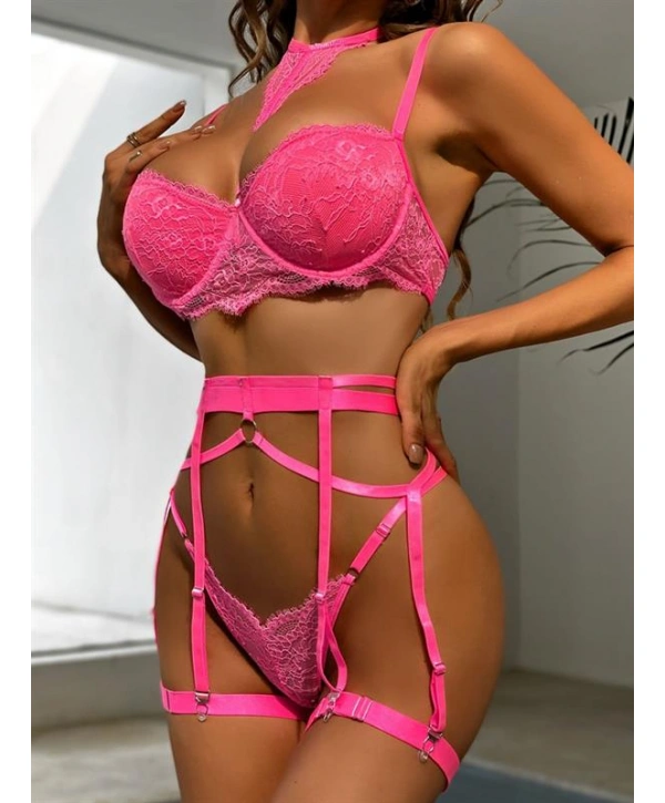 Morliva  Fuşya Dantel İşlemeli Fantezi Dolgulu Sütyen Takımı