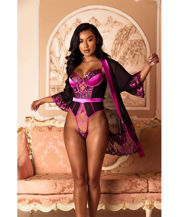 Morliva Fuşya Dantel İşlemeli Kalp Desenli Fantezi Gecelik Body Takımı