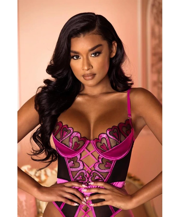 Morliva Fuşya Dantel İşlemeli Kalp Desenli Fantezi Gecelik Body Takımı