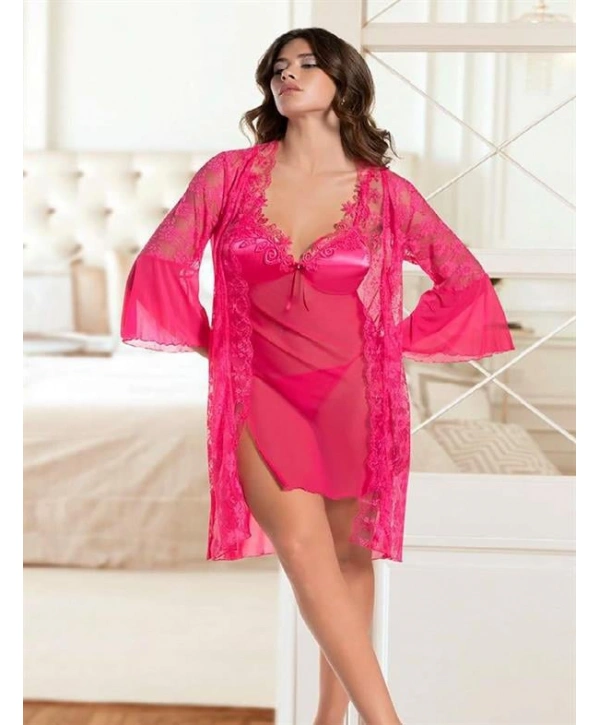 Morliva Fuşya Transparan Dantel İşlemeli Tül Yırtmaçlı 2li Gecelik Takımı