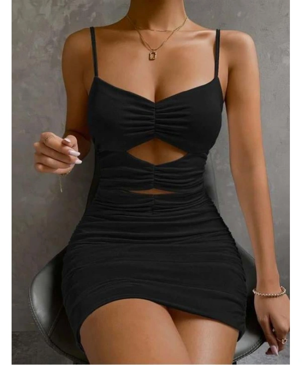 Morliva Göbek Dekolteli Büzgülü Siyah Mini Club Elbisesi