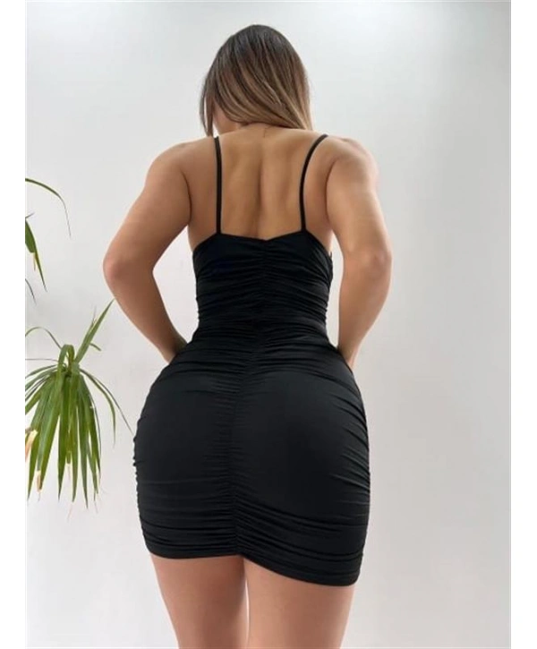 Morliva Göbek Dekolteli Büzgülü Siyah Mini Club Elbisesi