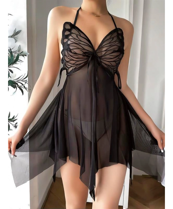Morliva Göğüs Kelebek Detaylı Fantezi Tül Siyah Gecelik