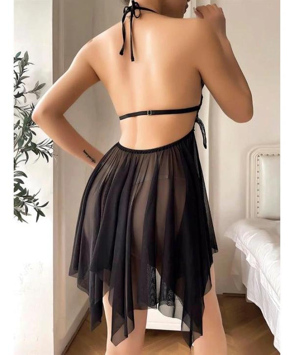 Morliva Göğüs Kelebek Detaylı Fantezi Tül Siyah Gecelik