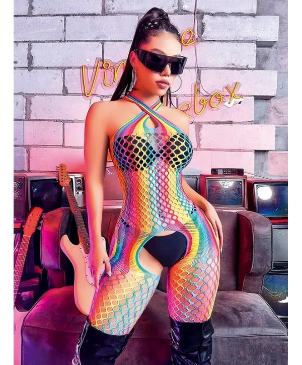 Gökkuşağı Desenli Fileli Fantezi Vücut Çorabı