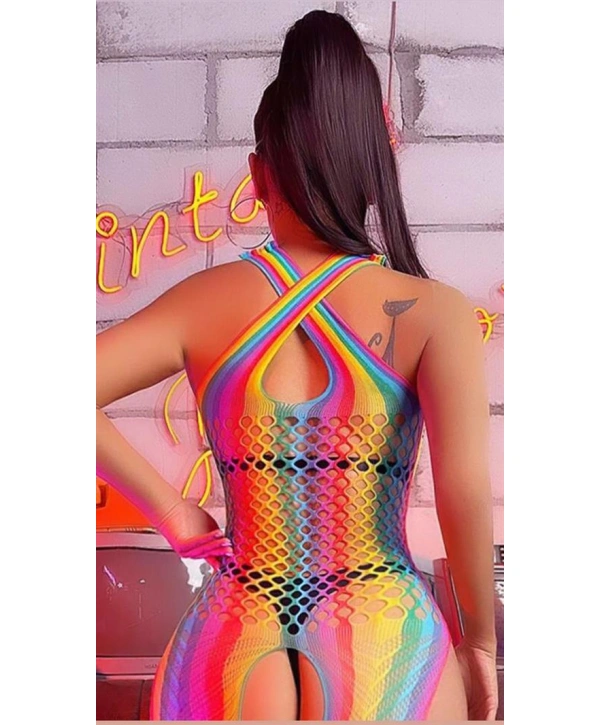 Gökkuşağı Desenli Fileli Fantezi Vücut Çorabı