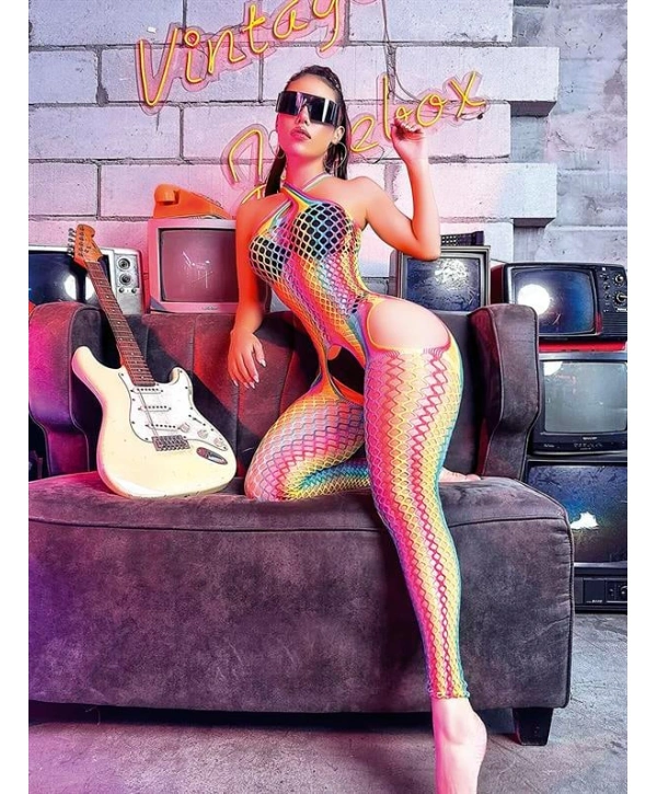 Gökkuşağı Desenli Fileli Fantezi Vücut Çorabı