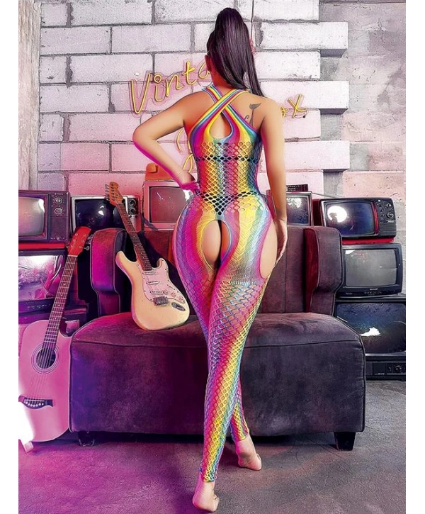 Gökkuşağı Desenli Fileli Fantezi Vücut Çorabı