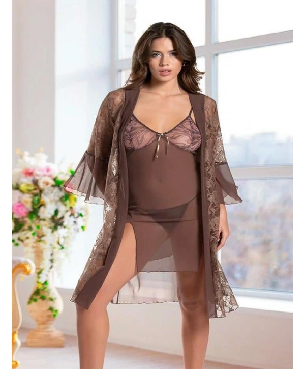 Morliva Haki Transparan Dantel İşlemeli Tül Yırtmaçlı 2li Gecelik Takımı