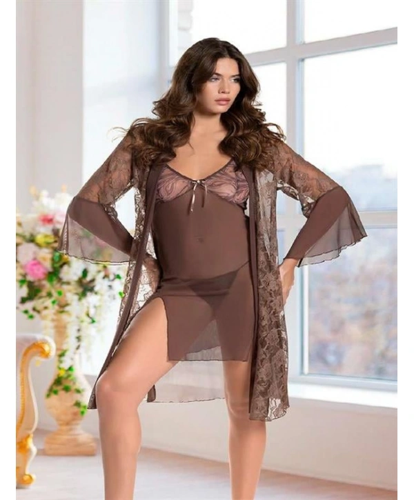 Morliva Haki Transparan Dantel İşlemeli Tül Yırtmaçlı 2li Gecelik Takımı