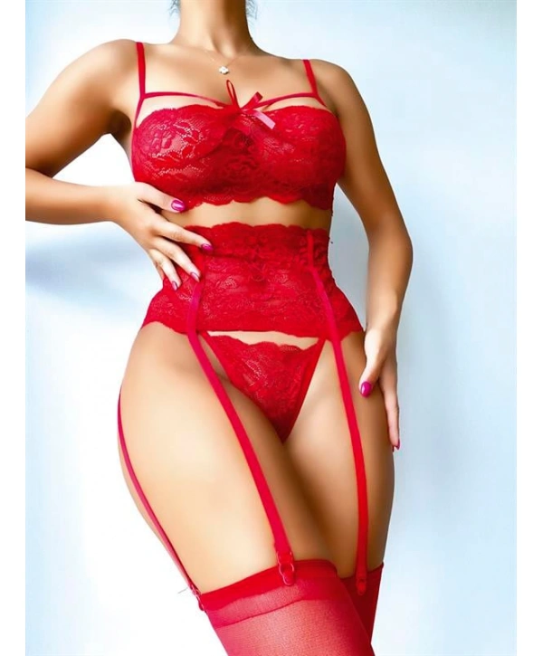 Arias Closet Jartiyerli Kırmızı Sütyen Külot Takım