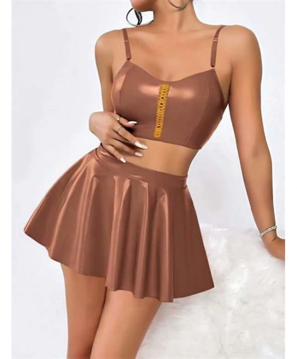 Morliva Kahverengi Etekli Fantezi Deri Şık Elbise