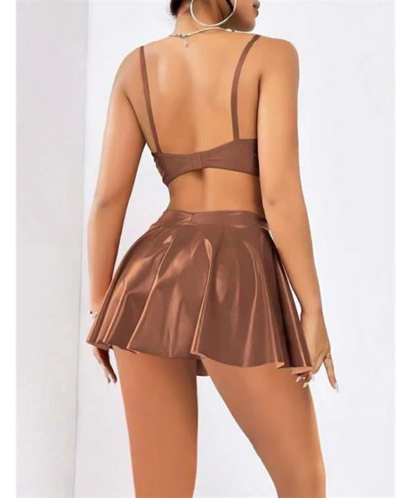 Morliva Kahverengi Etekli Fantezi Deri Şık Elbise