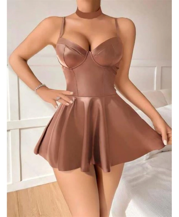 Morliva Kahverengi Etekli Pileli Fantezi Deri Elbise