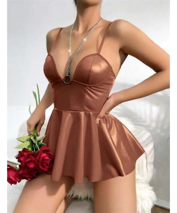 Morliva Kahverengi Parlak Lame Fantezi Deri Elbise