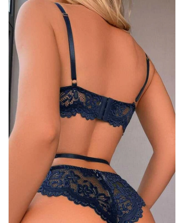 Kalp Aksesuarlı Dantelli Fantezi Mavi Jartiyer Takım