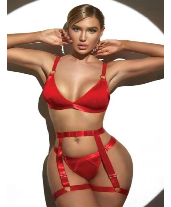 Morliva Kırmızı Bacak Aksesuarlı Fantezi Jartiyer Takım