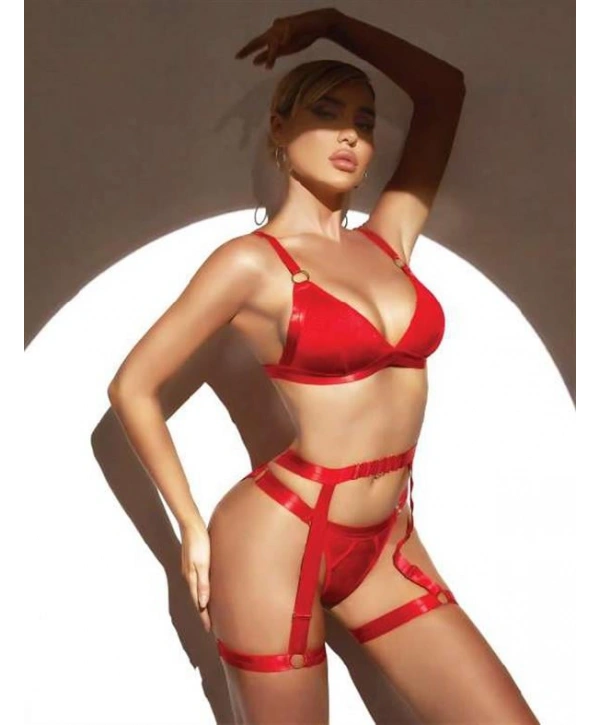 Morliva Kırmızı Bacak Aksesuarlı Fantezi Jartiyer Takım