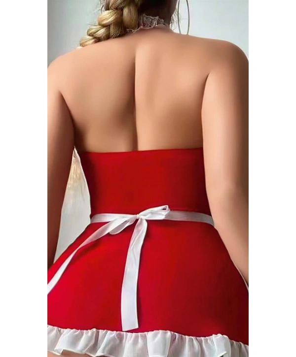 Morliva Kırmızı Beyaz Dantel İşlemeli Kalp Detaylı Fantezi Fransız Hizmetçi Kostümü