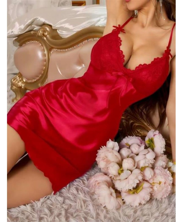 Kırmızı Dantel Detaylı İnce Askılı Saten Kısa Fantezi Gecelik